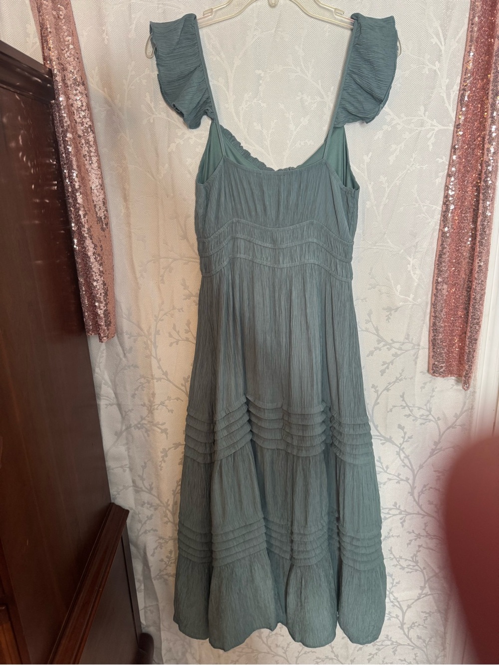 Sage Ruffle-Shoulder Midi Dress